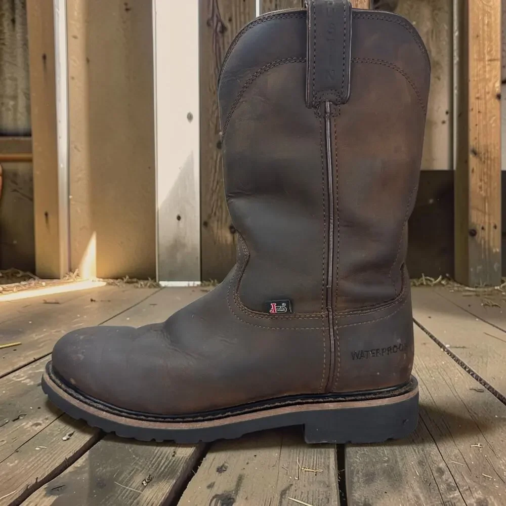 Justin Work Boots Mens 10.5 D Brown Leather Waterproof Western SE4960 Pull On EH